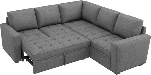 Vista 7 de HONBAY - Sofá seccional modular con cama desplegable, sofá convertible de lino en forma de L con asiento de almacenamiento, sofás seccionales