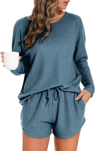 Vista 10 de PrinStory Conjunto de pijama para mujer, de punto gofre, tallas S-4XL Negro