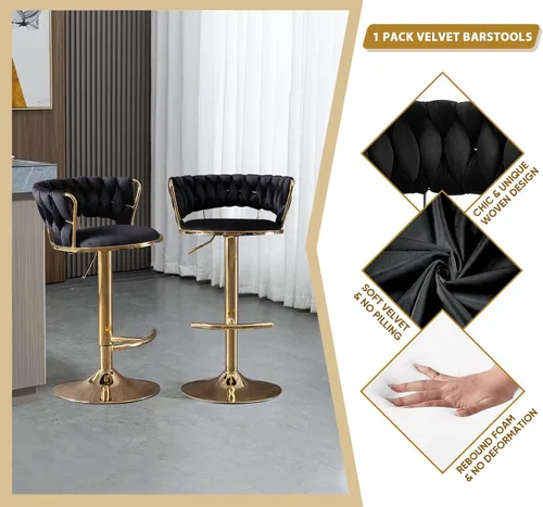Vista 6 de Juego de 2 taburetes de bar giratorios de terciopelo, taburete de bar ajustable con respaldo tejido, sillas de comedor tapizadas, taburetes de bar