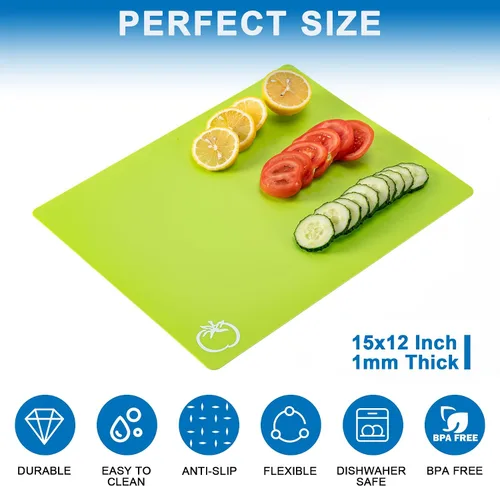 Vista 2 de 5 alfombrillas de plástico flexibles para tabla de cortar con iconos de alimentos, tablas de cortar sin BPA para cocina, alfombrilla de corte
