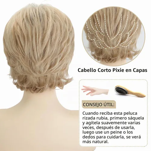 Vista 5 de TISHINING Pelucas Rizadas Cortas de Corte Pixie Ombre Rubias para Mujeres Blancas Peluca Rubia Mixta Esponjosa en Capas con Flequillo de Aspecto