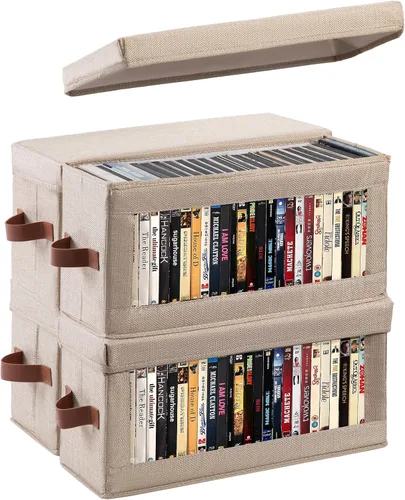 Vista 9 de Paquete de 2 cajas de almacenamiento de DVD con ventana visible, organizador de DVD a prueba de polvo con tapa y asas, capacidad para hasta 52