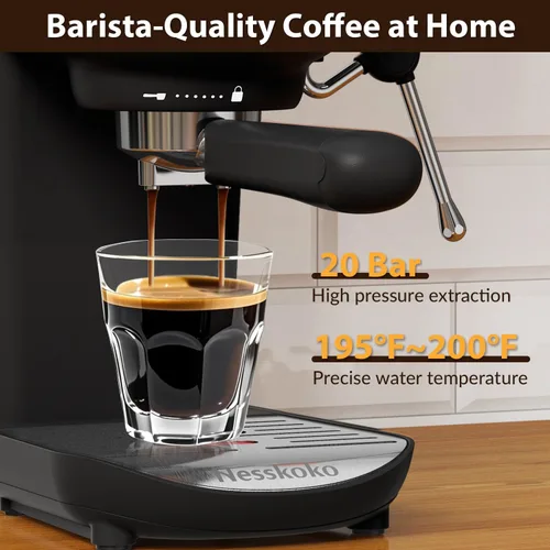 Vista 2 de Cafetera Espresso con espumador de leche a vapor semiautomática de 20 bares, diseño compacto en negro con interruptor de palanca para café espresso