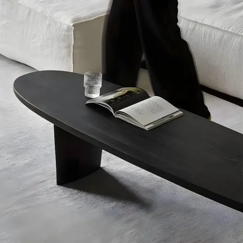 Vista 7 de RUNNUP Mesa de centro de madera negra ovalada, moderna, mesa de centro de decoración para sofá, mesa de cóctel para apartamento pequeño, sala