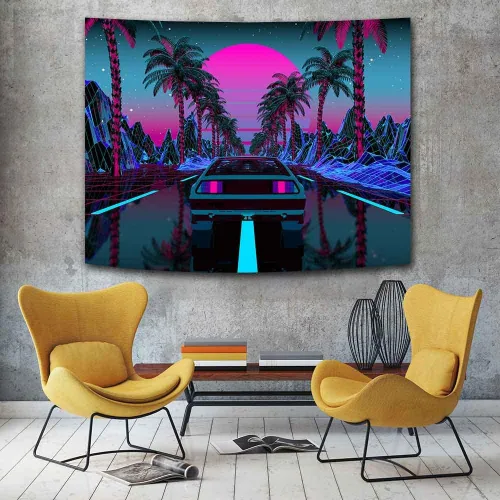 Vista 7 de Ine Ive Tapiz de coche de los años 80, escena urbana de la calle, palmeras, puesta de sol, cielo estrellado, tapiz de pared punk, 40 x 30 pulgadas