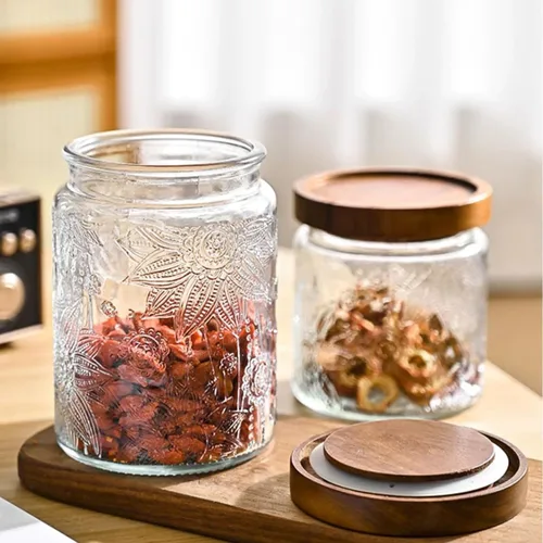 Vista 5 de Frasco de almacenamiento de vidrio de 24 oz con tapas herméticas de madera de bambú, recipientes de alimentos vintage, juegos de botes