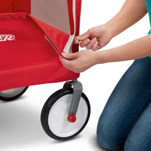 Vista 5 de Carrito plegable Radio Flyer para niños, carro rodante, cochecito de bebé, carrito de playa, carrito plegable 3 en 1 EZ con toldo, color rojo