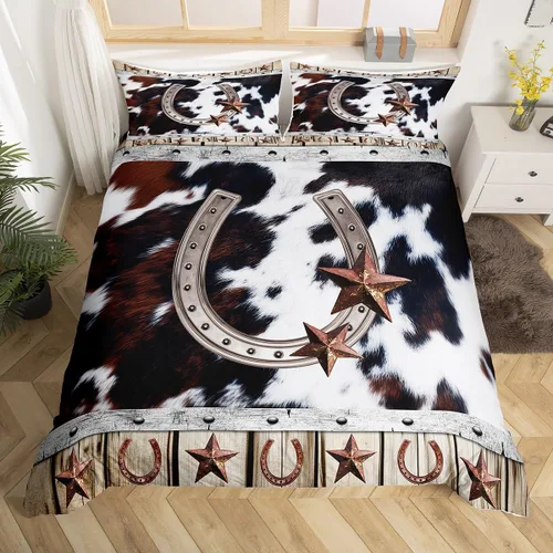Vista 12 de Funda de edredón de herradura con diseño de estrellas de Texas, estilo occidental, rústico, verde azulado, juego de ropa de cama individual