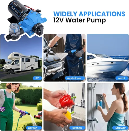 Vista 16 de Bomba de agua RV de 12 V, bomba de diafragma de 5 cámaras de 7.5 GPM 80PSI, autocebante con interruptor de presión resistente y colador para RV