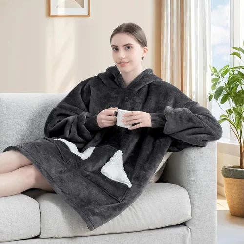 Vista 7 de Touchat - Manta con capucha portátil, sudadera con capucha de forro polar sherpa de gran tamaño con bolsillo gigante y mangas para adulto, regalo
