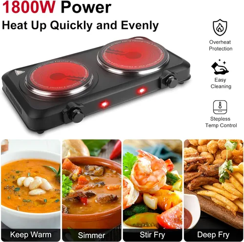 Vista 3 de Placa caliente de 1800 W, estufa eléctrica portátil para encimera, quemador infrarrojo de doble quemador con placa de cerámica de 7.5 y 6.3