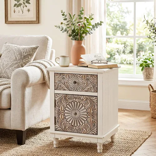 Vista 4 de HOMPUS - Mesa de noche blanca con cajón y almacenamiento, mesa de noche con motivo floral completamente ensamblada para espacios pequeños, mesa