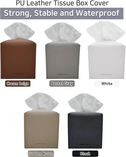 Vista 8 de Gashina Story Funda para caja de pañuelos que no se cae, soporte Kleenex de piel sintética de alta calidad, organizador decorativo cuadrado de 5 x 5