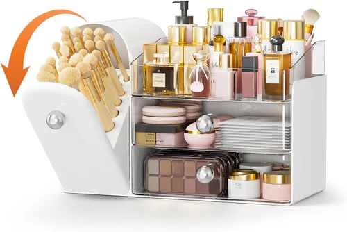 Vista 8 de Bird&Fish Organizador de maquillaje con soporte deslizante para cepillos, organizador transparente para el cuidado de la piel con cajones, Negro