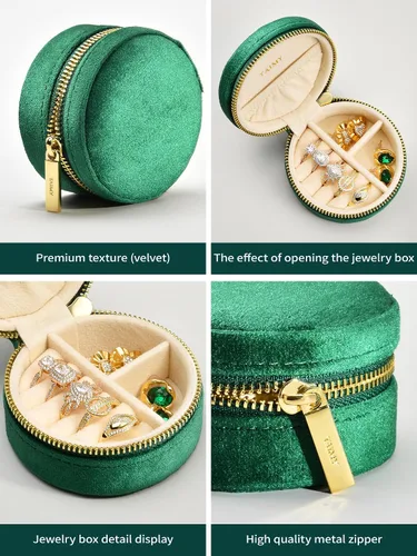 Vista 6 de TAIMY Joyero de viaje de terciopelo, estuche redondo y pequeño de joyería de viaje para mujeres y niñas, mini cajas organizadoras de viaje