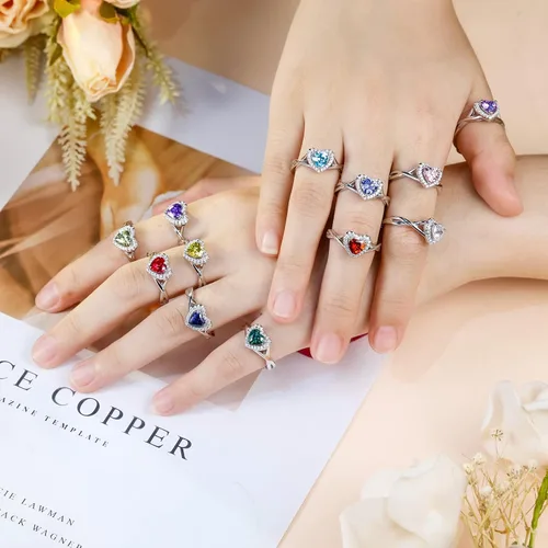 Vista 5 de Anillos de plata de ley S925 con piedra natal para mujer, anillo de compromiso ajustable para esposa, mamá, hija, joyería de cumpleaños, boda