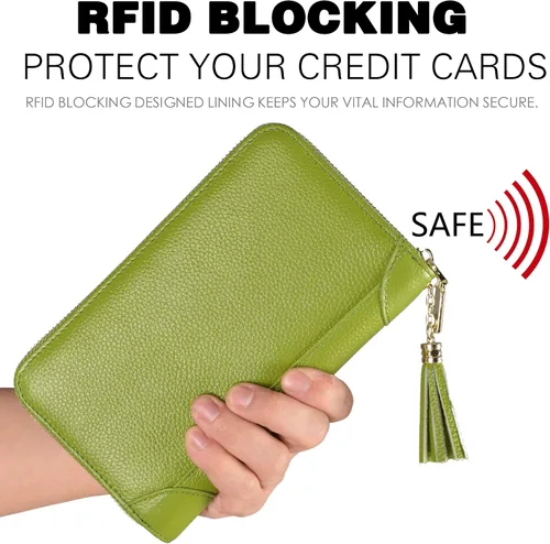 Vista 4 de Easyoulife - Monedero de cuero con cremallera, billetera portatarjetas para mujer, bloqueo RFID
