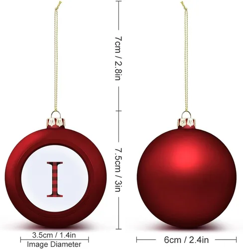 Vista 2 de Adorno de bola de Navidad con letra del alfabeto inglés, búfalo negro, rojo, a cuadros, monograma, letra I Merry Christmas, adornos de recuerdo