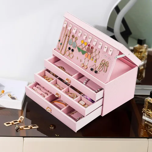 Vista 3 de ProCase Joyero para mujeres y niñas, caja organizadora de joyas grande de 4 capas con tapa de cristal, regalo de San Valentín, organizador de joyas