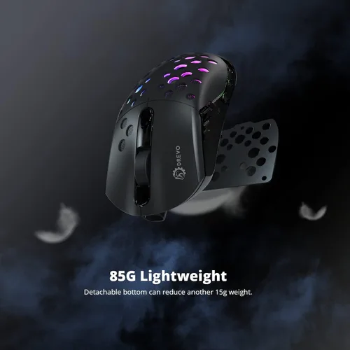 Vista 4 de DREVO Owl - Mouse inalámbrico RGB para juegos con 85G ligero, conectividad de 2.4G, 6 botones programables, sensor óptico PixArt PMW3325 y 6 niveles
