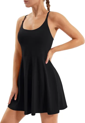 Vista 5 de Vestido de tenis con pantalones cortos debajo del vestido de entrenamiento con correas ajustables y brasier integrado, vestido de golf atlético