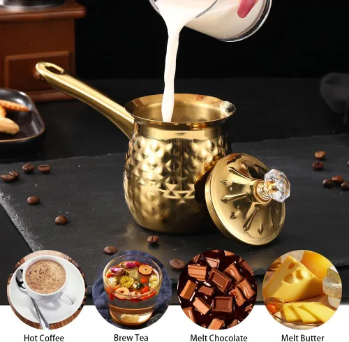 Vista 4 de 7 Oz Acero Inoxidable Café Turco Cezve, Oro Ibrik con Mango, 200 Ml