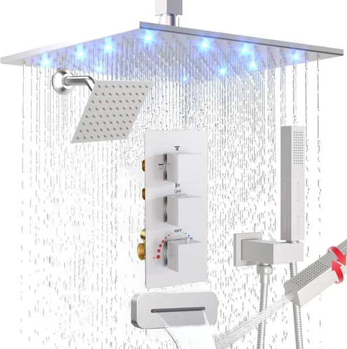 Vista 14 de Enga Juego de grifo de ducha termostático, cabezal de ducha LED de 12 pulgadas con cabezal de ducha doble de 6 pulgadas, juego de grifo de ducha