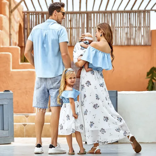 Vista 4 de PopReal Familia a juego Trajes Mamá y Me Vestidos Floral Impreso Hombres Chico Camisa Chica Mameluco