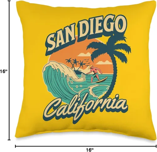 Vista 4 de San Diego Beach California Surfing Surf Ocean USA Almohada San Diego, 16 x 16, multicolor