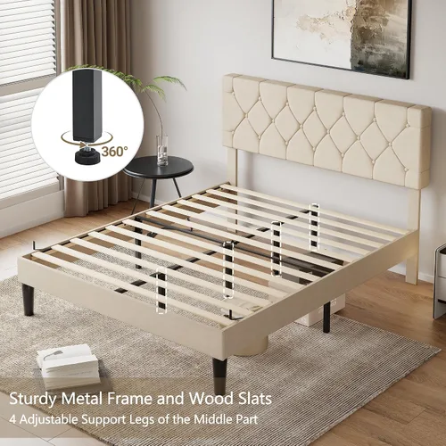Vista 7 de VECELO Base de cama tamaño completo con cabecera capitoné con botones, plataforma tapizada con soporte de listones de madera, no necesita somier