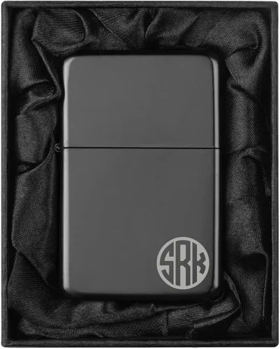 Vista 2 de Encendedor personalizado grabado en caja de regalo forrada en seda negra (Monograma circular 2, negro)