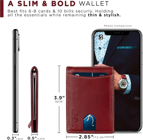 Vista 6 de SERMAN BRANDS - Billetera sencilla de cuero genuino con bloqueo RFID para hombre, billetera delgada con bolsillo frontal y clip para dinero