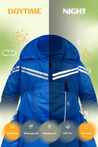Vista 2 de CREATMO US Chaqueta de lluvia reflectante para niños y niñas, rompevientos ligera e impermeable con capucha extraíble