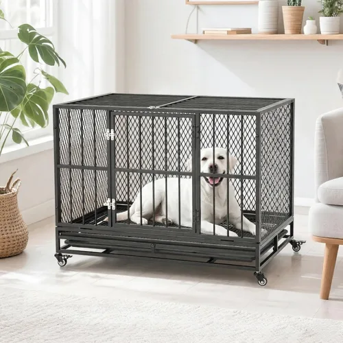 Vista 3 de Erinnyees Jaula para perros resistente de 37 pulgadas, perrera plegable para perros medianos y pequeños, jaula de metal con ruedas con bloqueo