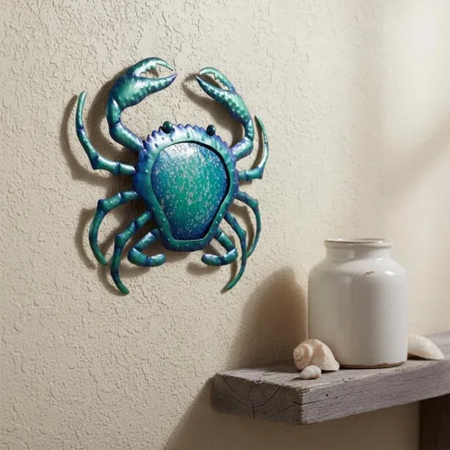 Vista 6 de Comfy Hour Decoración de pared de cangrejo de metal azul de 12 pulgadas, escultura temática náutica del océano, arte costero decorativo para playa