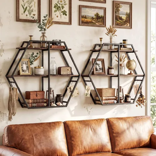 Vista 6 de Tangkula Hexagon Wall Shelf, 3-Tier Geometric Bookcase with 4 S-Shaped Hooks & Heavy Duty Metal Frame, Wall Mounted Industrial Display Storage Rack