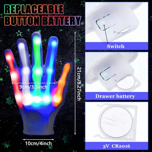 Vista 3 de 4 pares de guantes LED de Navidad, juguetes geniales y divertidos, guantes de luz intermitente, guantes coloridos que brillan con luz, Con