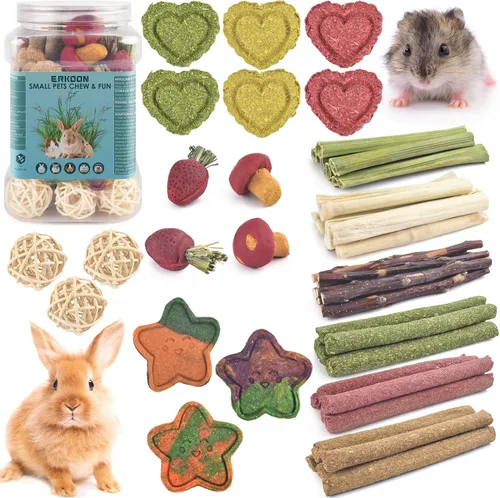 Vista 10 de ERKOON 80 juguetes masticables de conejo para dientes de conejo, juguetes naturales de conejo de madera de manzana, zanahoria, golosinas de hierba