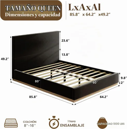 Vista 2 de Base de cama de plataforma tamaño Queen con cabecero, cama de terciopelo con listones de madera, base de colchón resistente, opción de somier, sin