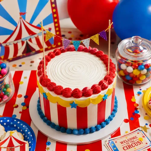 Vista 4 de LUOZZY 5pcs Circo Carnaval Cake Toppers Triángulo Bandera Banner Tema Fiesta Llamativa bandera de circo para decoración de tartas de carnaval