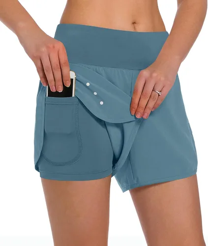 Vista 19 de Ksmien - Pantalones cortos de correr 2 en 1 para mujer, ligeros, para entrenamiento, gimnasio, yoga, forro con bolsillos para teléfono