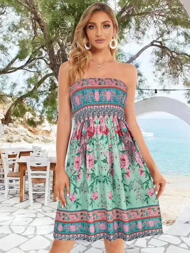 Vista 6 de CHICGAL - Vestido de verano para mujer, salida de baño, sin tirantes, diseño bohemio, estampado floral, vestido para la playa