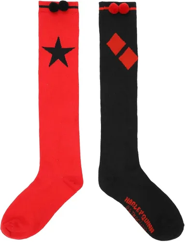 Vista 2 de Bioworld Calcetines altos hasta la rodilla Harley Quinn PomPom para mujer, Multi colorido