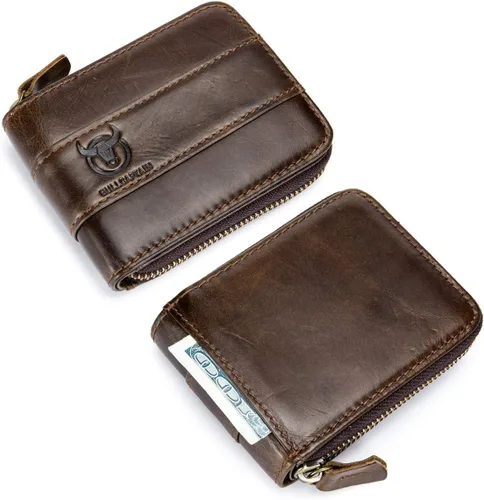 Vista 2 de BULLCAPTAIN Billetera de cuero para hombre con cremallera y bloqueo RFID, monedero (marrón oscuro)