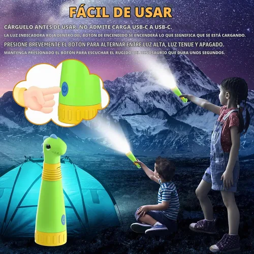 Vista 3 de Linterna recargable de dinosaurio con rugido para niños, linterna de campamento para niños, linterna de mano para niños, luces de Navidad