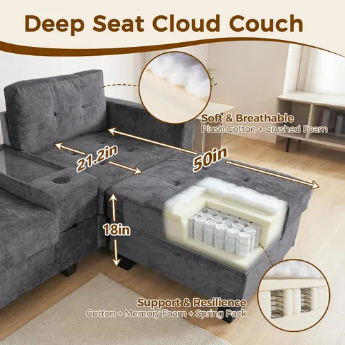 Vista 44 de Sofá modular de 103 pulgadas con 2 consolas acrílicas, juego de sofá en forma de U de gran tamaño con cargador USB, cajones de almacenamiento, Beige