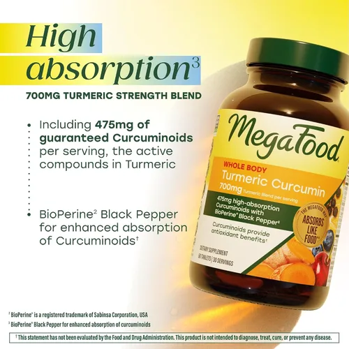 Vista 5 de Suplemente dietético MegaFood Turmeric Strength para todo el cuerpo, hfs-koi-zk-a8980, 60, 1 475 mg Curcuminoids Per Serving, Turmeric With Black