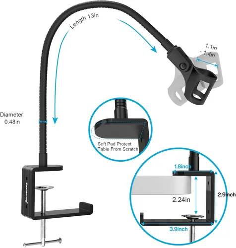 Vista 5 de ZealSound Soporte para Micrófono, Soportes Flexibles de Cuello de Ganso para Micrófono de Escritorio con Abrazadera de Escritorio de Servicio