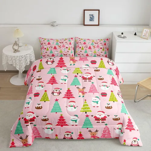 Vista 2 de Erosebridal Juego de edredón de Feliz Navidad, tamaño individual, divertido edredón de Papá Noel para niños y niñas, edredón de plumón de pingüino