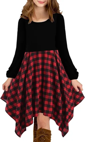 Vista 2 de KYMIDY Vestido midi alto y bajo para niñas, de manga larga, estilo bohemio, con vuelo, casual, con bolsillos, para niños de 6 a 12 años